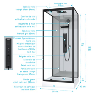 Cabine de douche Hydromassante 90x90x215 cm - Fonds Gris et Profilés Noir Mat - GREY STYLE