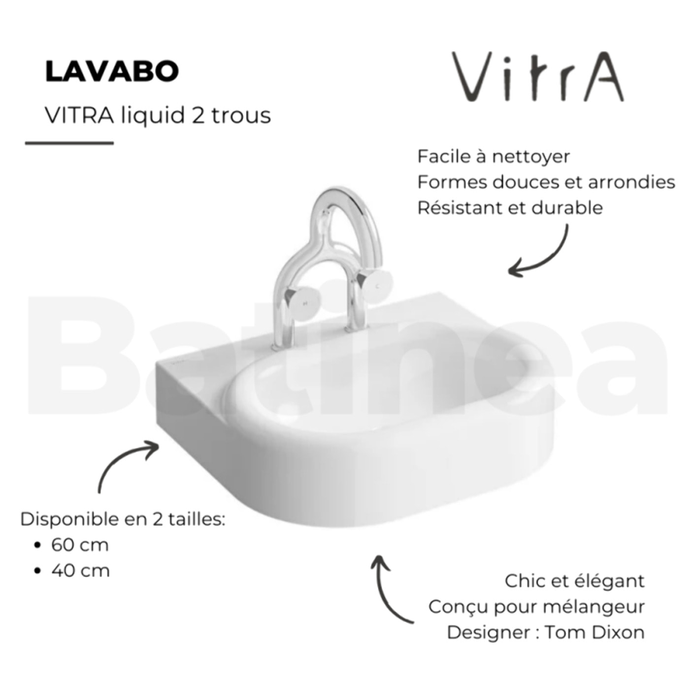 Lavabo VITRA Liquid 60 cm 2 trous sans trop-plein