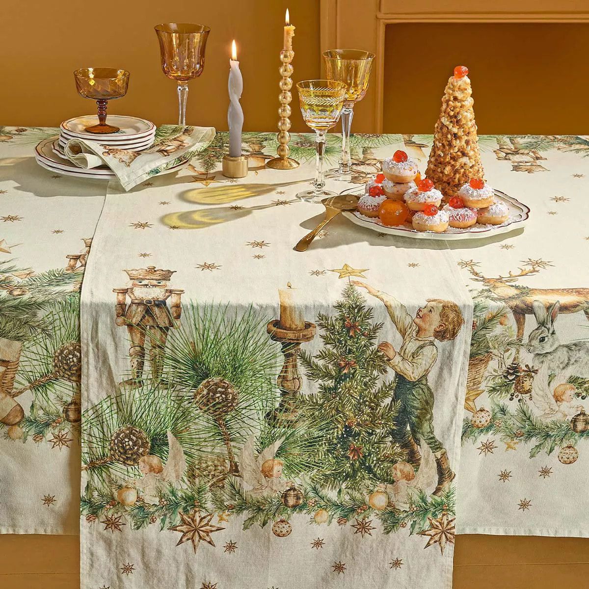 Chemin de table lin & coton lavé 150 g/m² imprimé beige vert Noel vintage dore