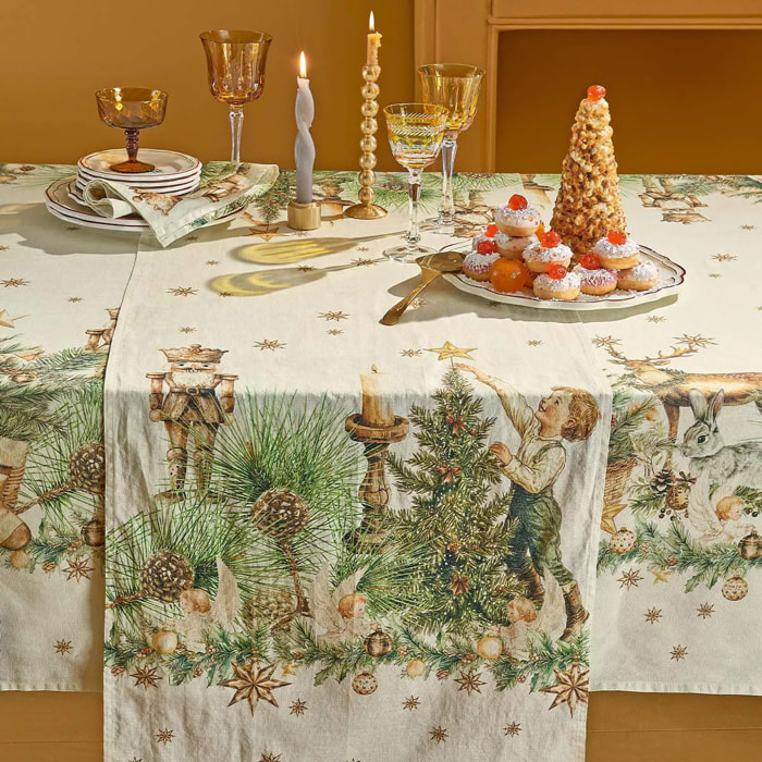 Chemin de table lin & coton lavé 150 g/m² imprimé beige vert Noel vintage dore