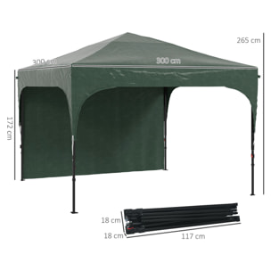 Carpa Plegable 3x3 m Altura Ajustable Cenador de Jardín con Lateral Desmontable Techo de Ventilación 4 Sacos de Arena y Bolsa de Transporte para Camping Fiestas Verde