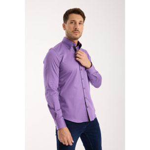 Camicia Uomo 2 Bottoni Button Down Slim Satin Unito Viola