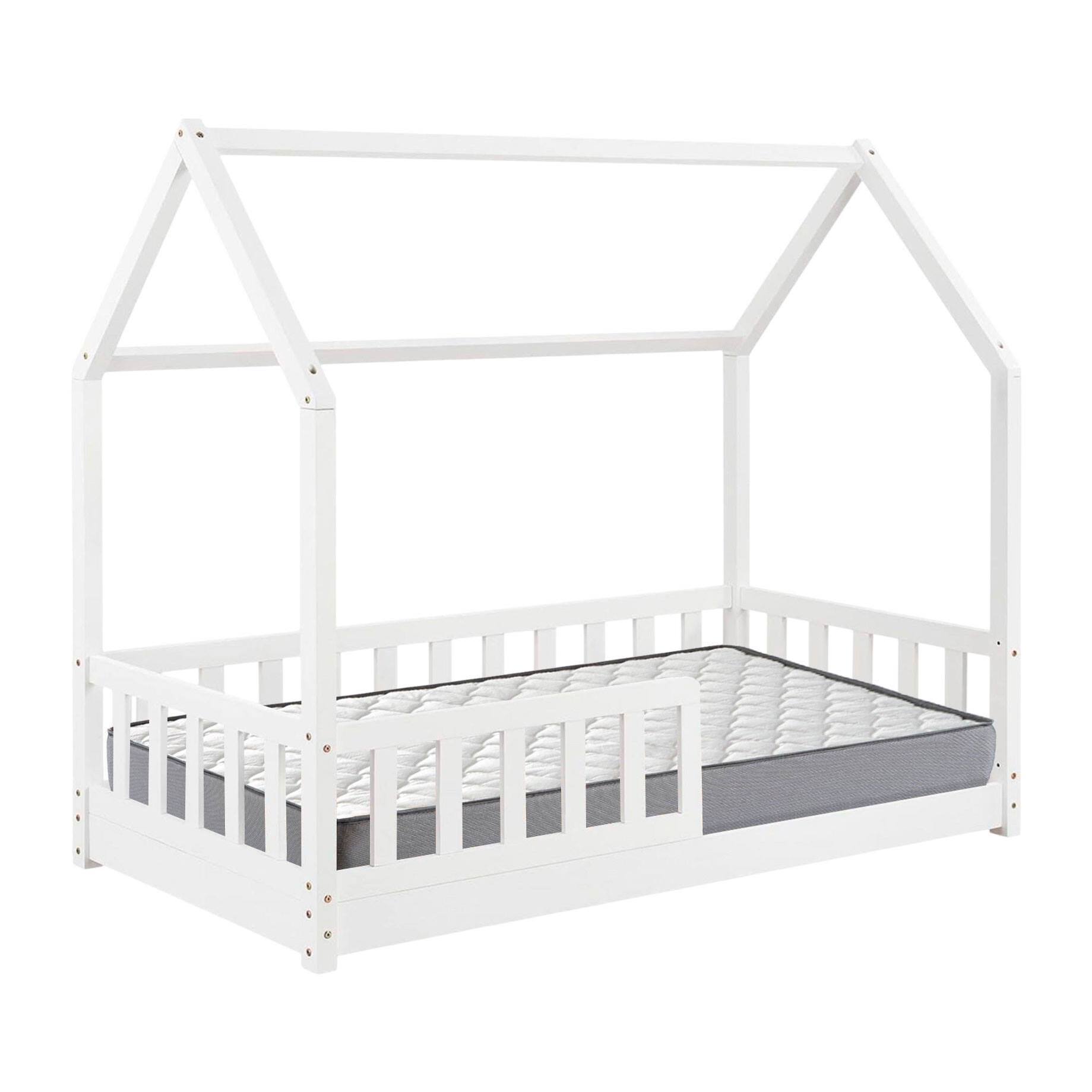 Set de cama infantil cabaña ''bosco'' blanco + colchón serenia 90x190cm (altura 17cm), transpirable, adaptable y atérmico