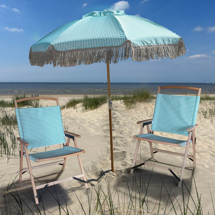 ENSEMBLE PARASOL+2CHAISE PLAGE EN POLYESTER VERT ET BOIS DE HÊTRE PLAYA