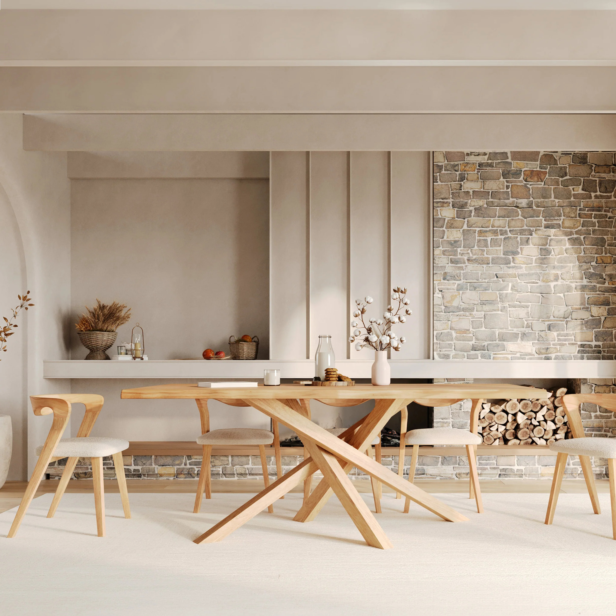 Chaise en bois d'hévéa clair et tissu bouclé crème - Vega