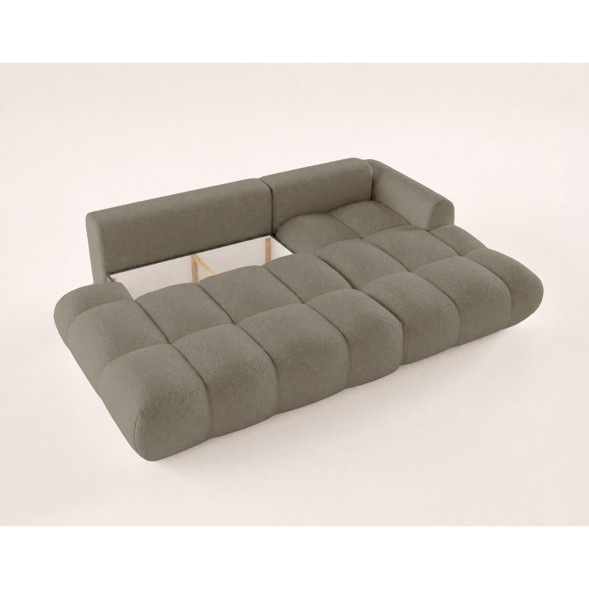 Yulin - Canapé d'angle ouvert droit 4 places convertible avec coffre en tissu bouclette - Taupe