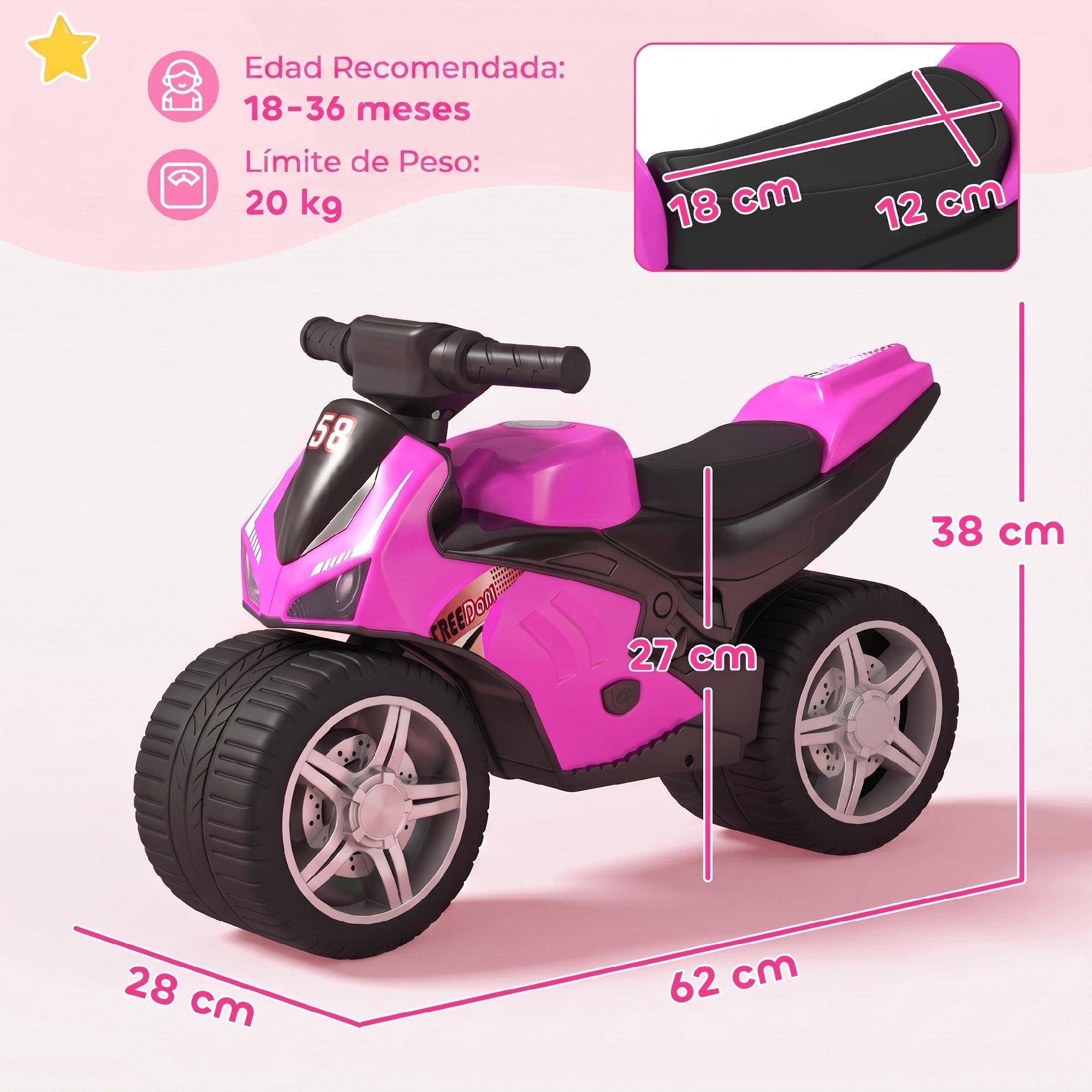Bicicleta sin Pedales, Moto Correpasillos con Música y Ruedas Extra Anchas, Bicicleta de Equilibrio para Niños y Niñas de 18 a 36 Meses, Rosa