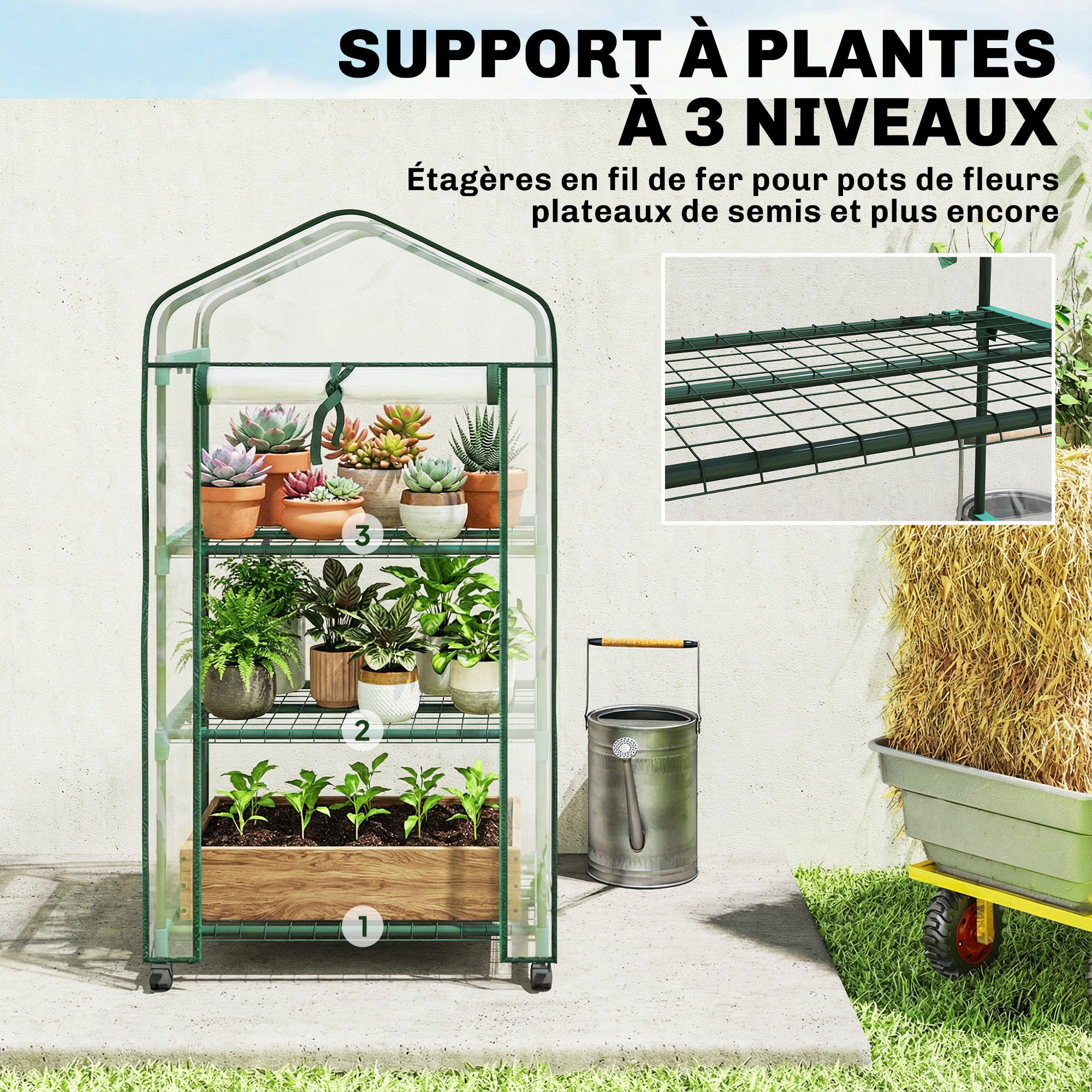 Mini serre de jardin 3 étagères porte enroulable 4 roulettes PE transparent