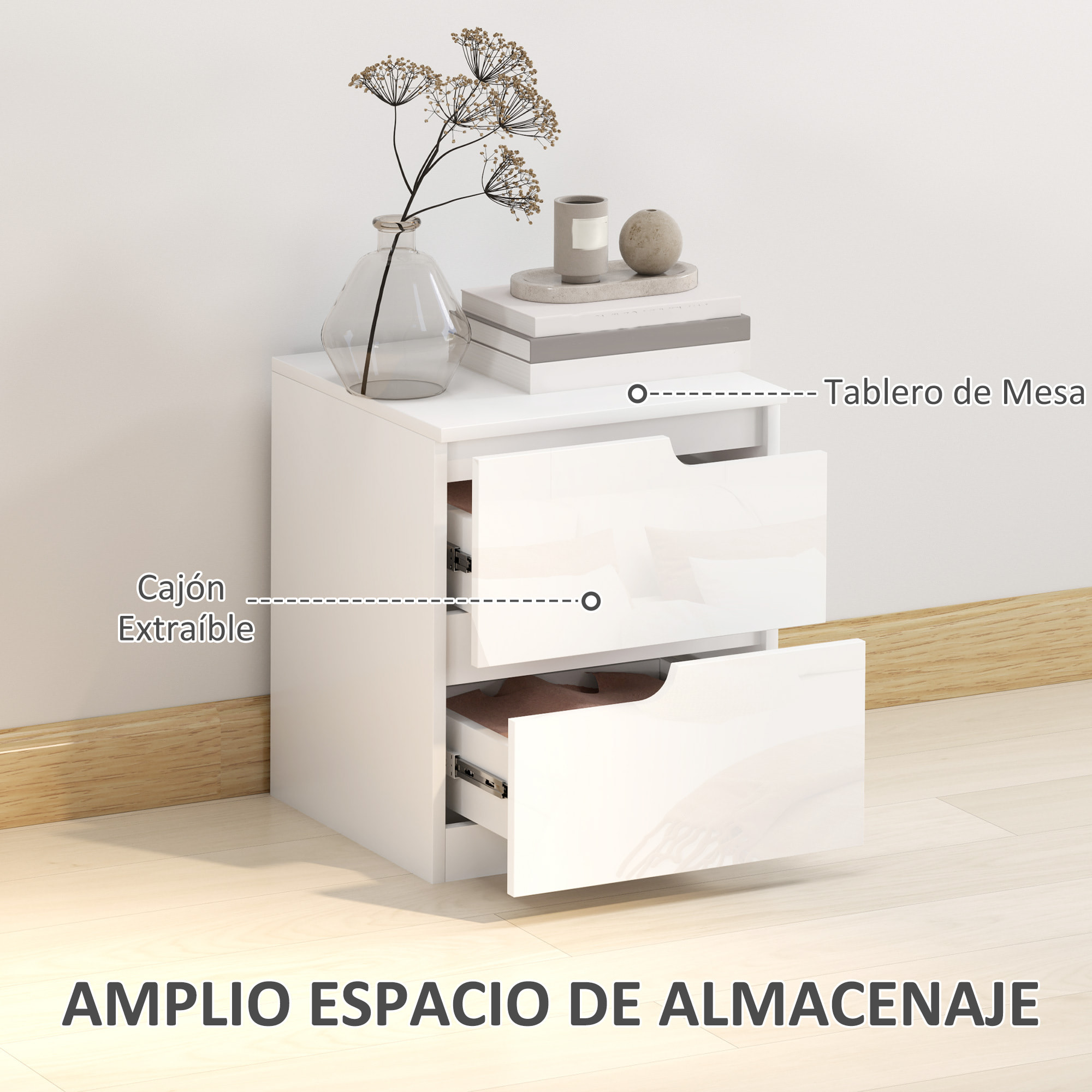 Mesita de Noche Moderna Mesilla de Noche con Cajones con Frontal Blanco Brillante y Almohadilla Mesa Auxiliar para Dormitorio Salón 40x40x48 cm Blanco