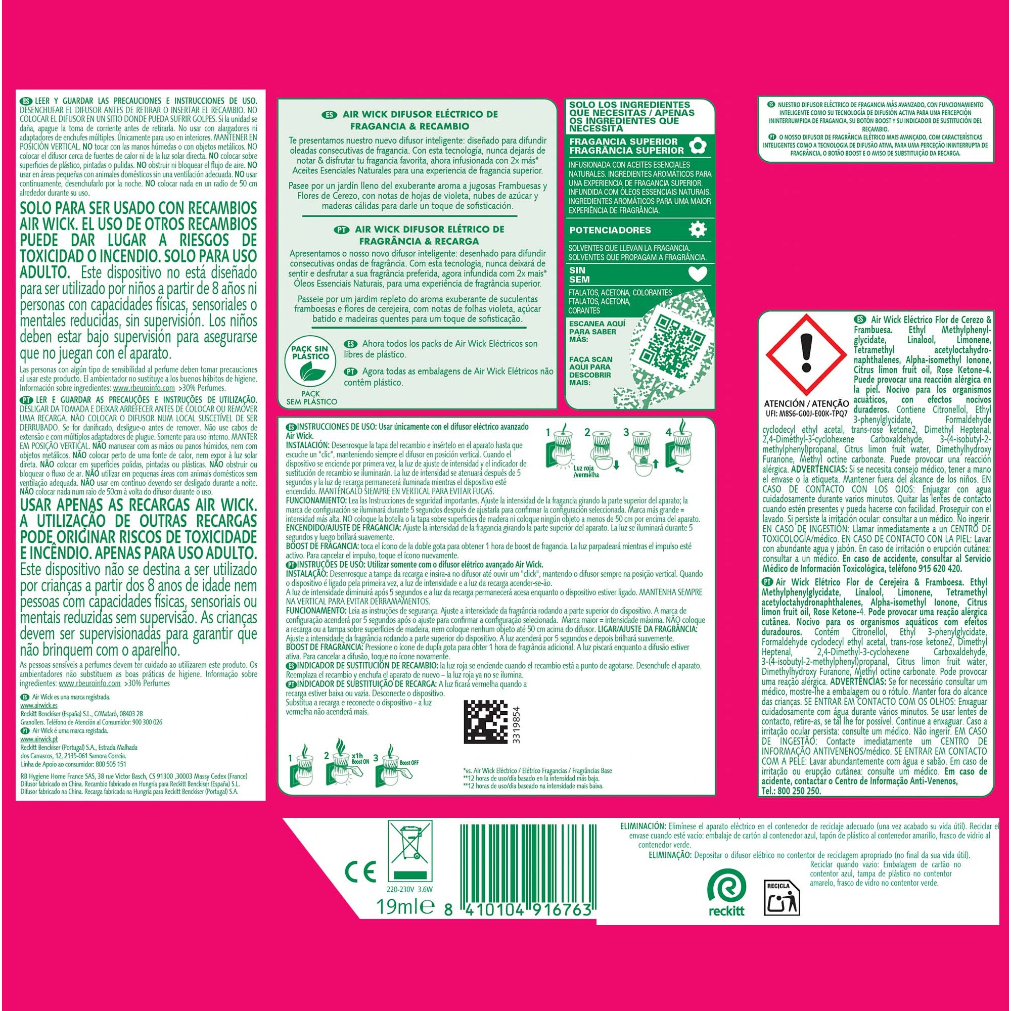 Air Wick Ambientador Eléctrico - Ambientador difusor inteligente con tecnología Anti-Fading con aroma a Flor de Cerezo y Frambuesa - Aparato y Recambio