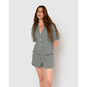 Set de camisa y short de algodón lino verde azulado