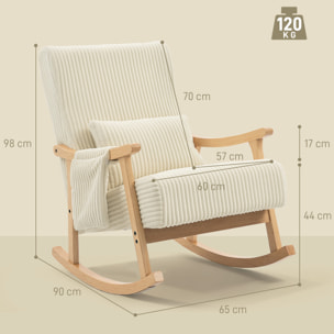 Silla Mecedora, Mecedora de Pana con Cojín Lumbar, Patas y Reposabrazos de Madera, Bolsillo, Estilo Moderno, Sillón de Lactancia, Carga 120 kg, para Dormitorio, Salón, Beige
