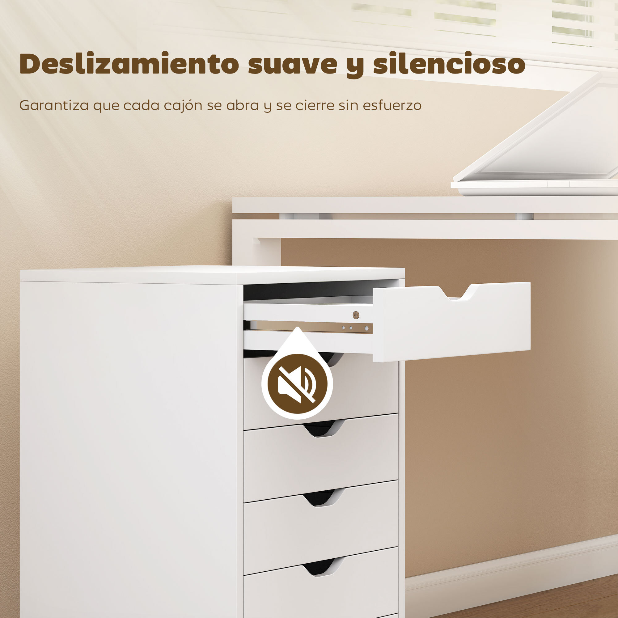 Cajonera Escritorio, Archivador Móvil con 6 Cajones, Soporte para Impresora con Ruedas, Guías Deslizantes Silenciosas, para Oficina, Casa, Blanco