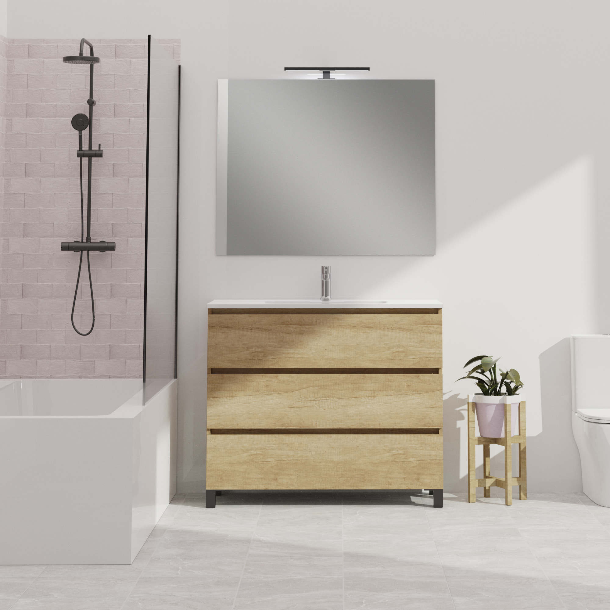 Ensemble De Salle De Bain Wink | 100 Cm Nature | 3 Tiroirs | Vasque Ceramique | N'Inclut Pas Miroir | Mueble Montado | Alday
