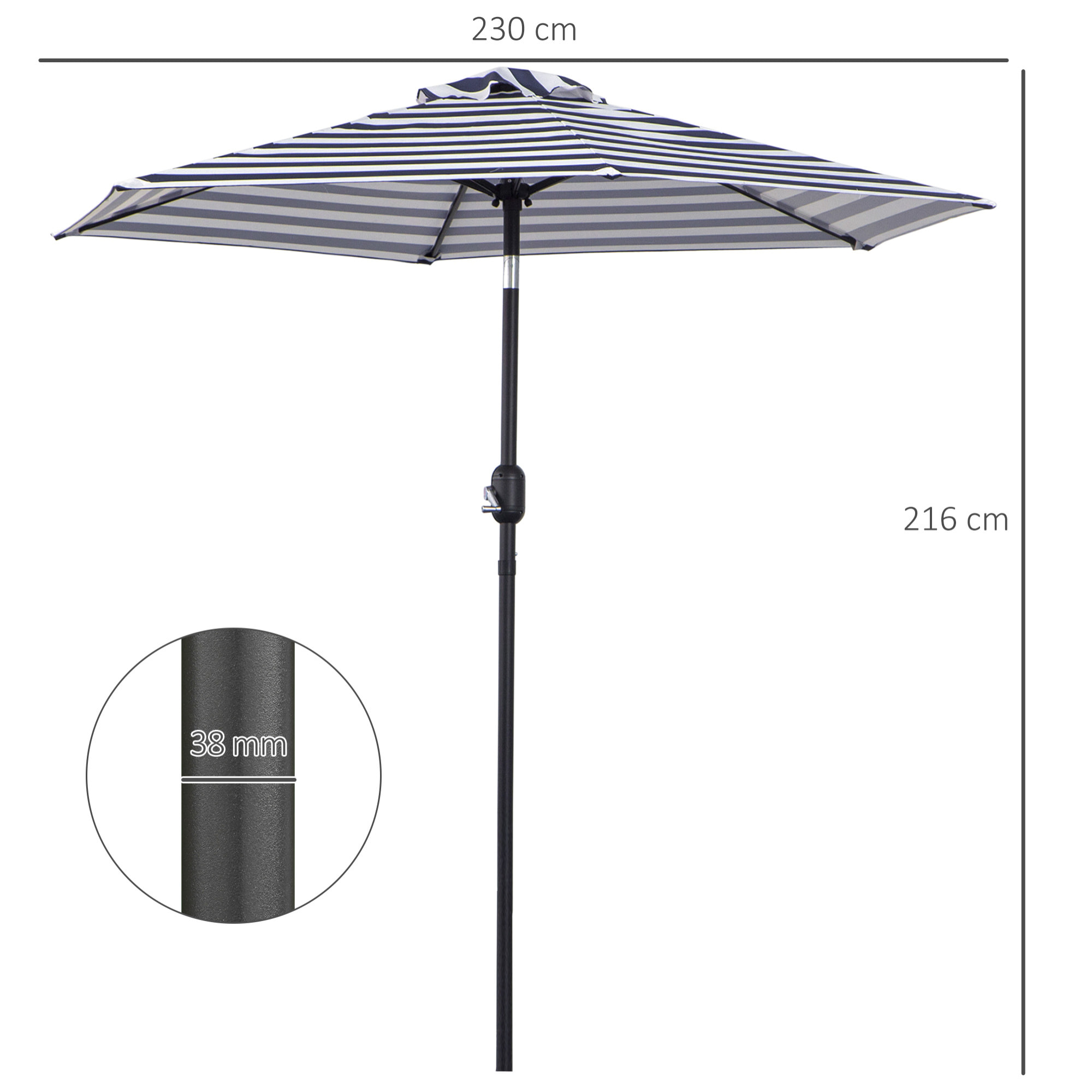 Sombrilla Terraza Exterior, Ø230x216 cm, Sombrilla de Jardín con Ángulo Ajustable y Manivela, Impermeable, Parasol para Patio, Terraza, Azul y Blanco