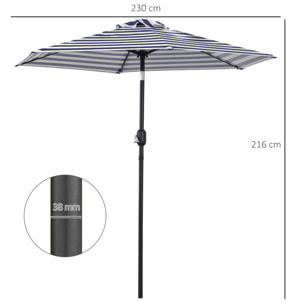 Sombrilla Terraza Exterior, Ø230x216 cm, Sombrilla de Jardín con Ángulo Ajustable y Manivela, Impermeable, Parasol para Patio, Terraza, Azul y Blanco