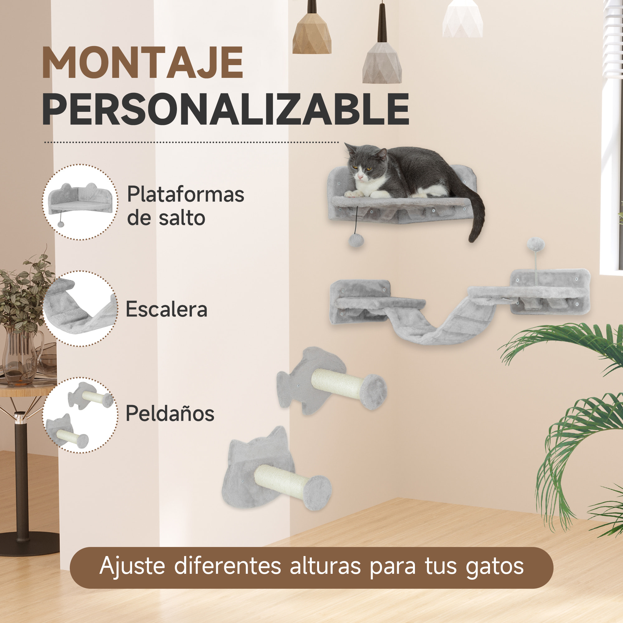 Juego de Estanterías para Gatos de 4 Piezas Rascador de Pared para Gatos con 2 Postes de Sisal Plataforma Doble con Escalera Suave y 1 Plataforma para Saltar Gris Claro