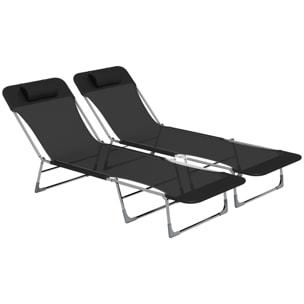 Conjunto de 2 Tumbonas Plegables y Reclinables de Jardín con Reposacabezas y Respaldo Ajustable en 5 Niveles Carga 120 kg para Playa Terraza 182x56x24,5 cm Negro