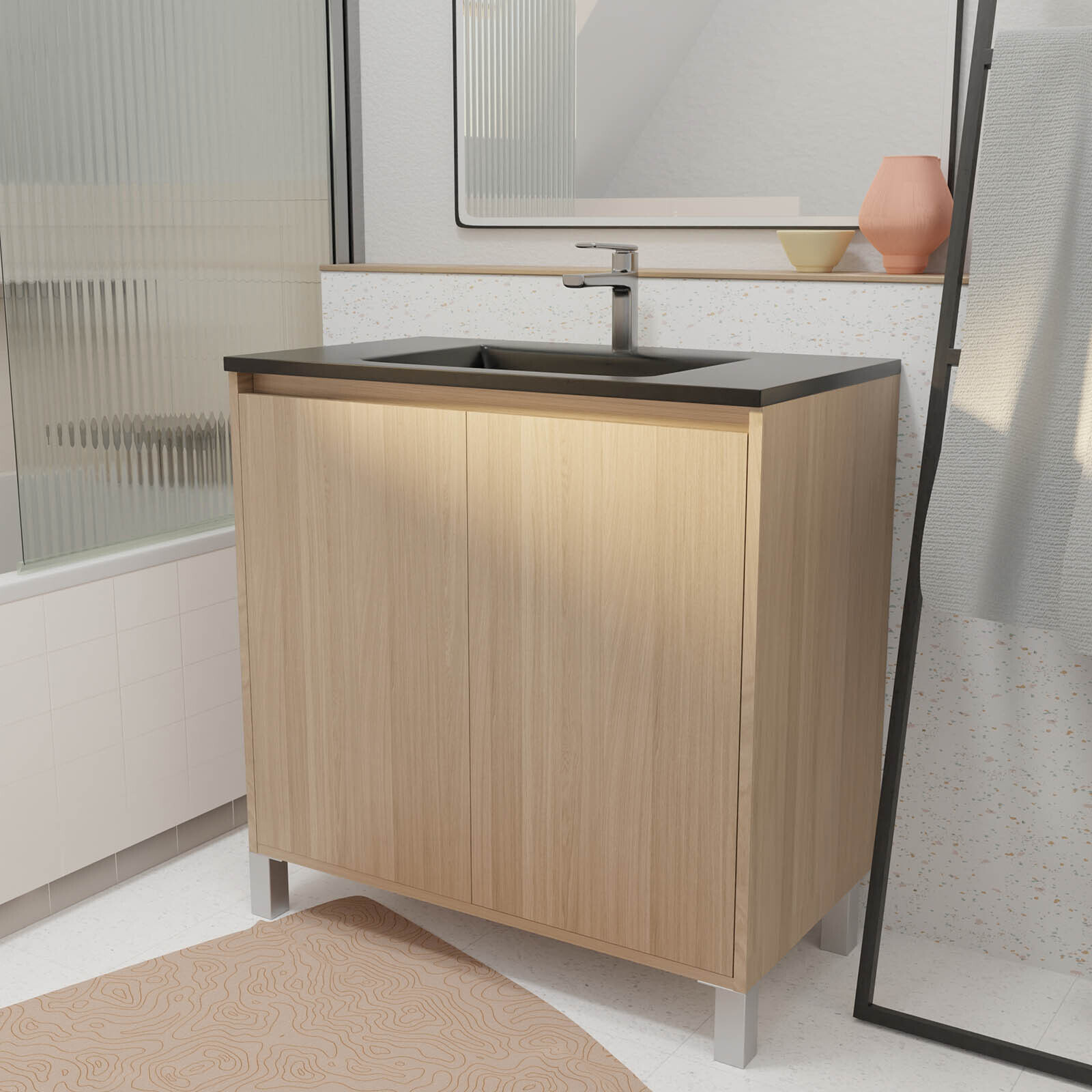 Meuble de salle de bains 80 cm 2 Portes Chêne Clair + Vasque Céramique Noire - XENOS
