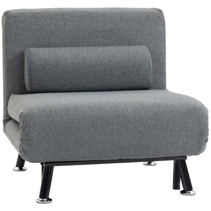 Sofá Cama de 1 Plaza 3 en 1 Sofá Cama Plegable Tapizado en Lino con Respaldo Ajustable de 5 Niveles y Almohada Acolchada para Oficina Dormitorio Salón 75x70x75 cm Gris Oscuro
