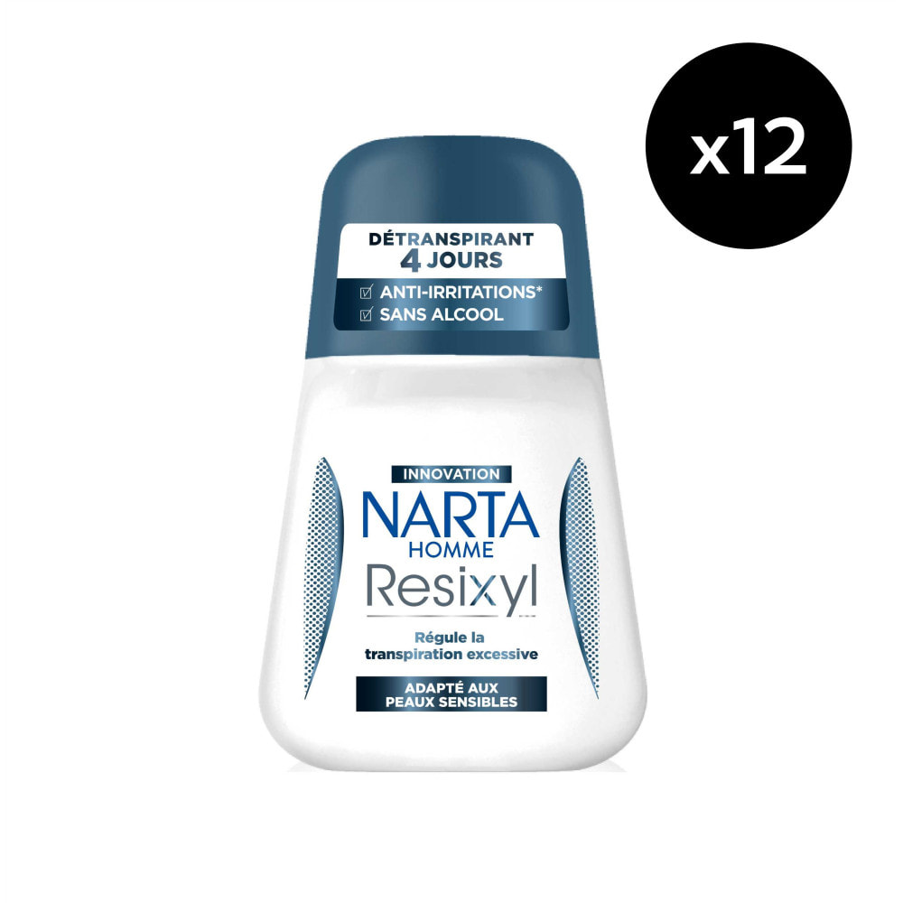 Lot de 12 - Narta Resixyl Homme Déodorant Détranspirant Bille 4 jours Sans Alcool 50ml