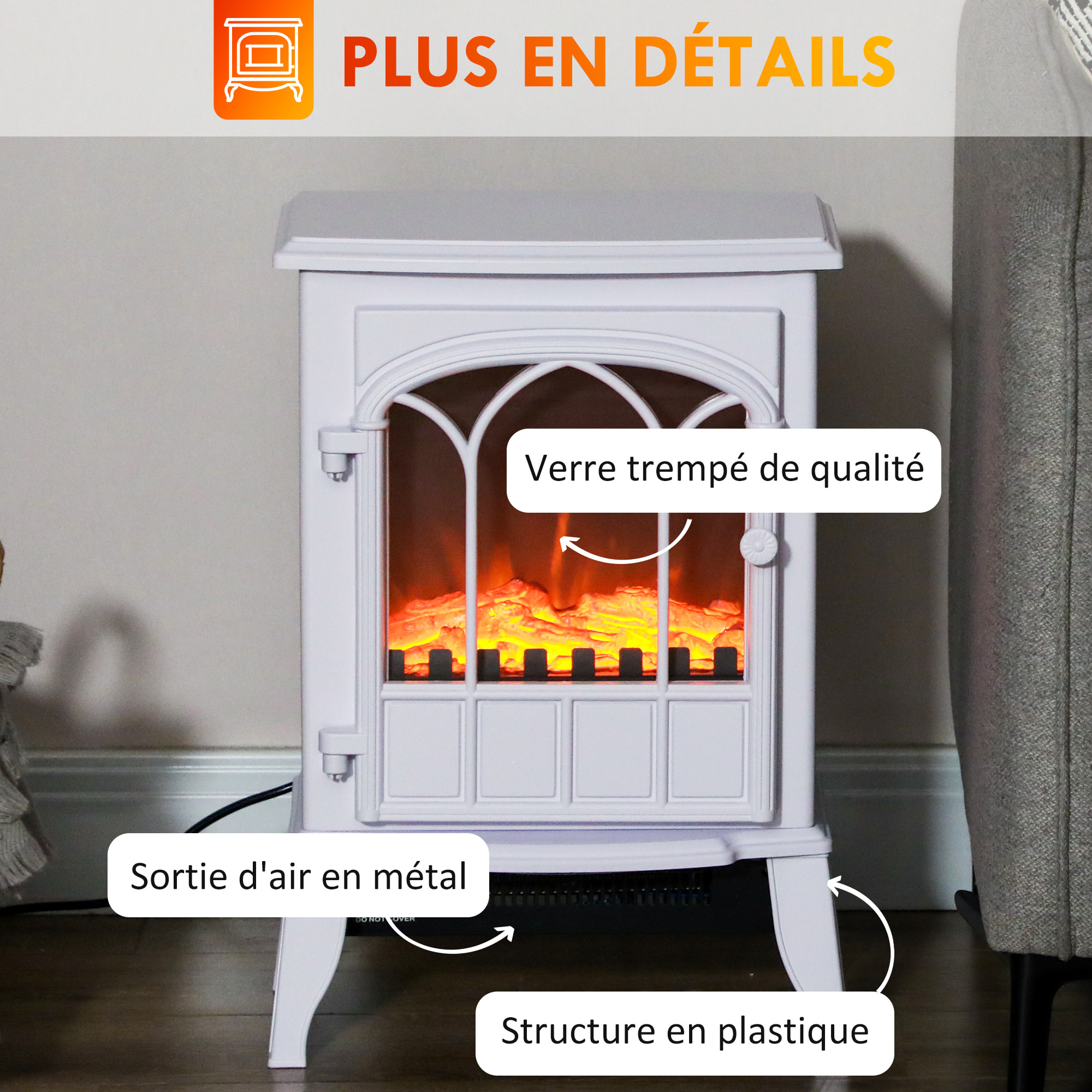 Cheminée électrique poêle style rétro 1000-2000 W simulation flammes LED porte blanc