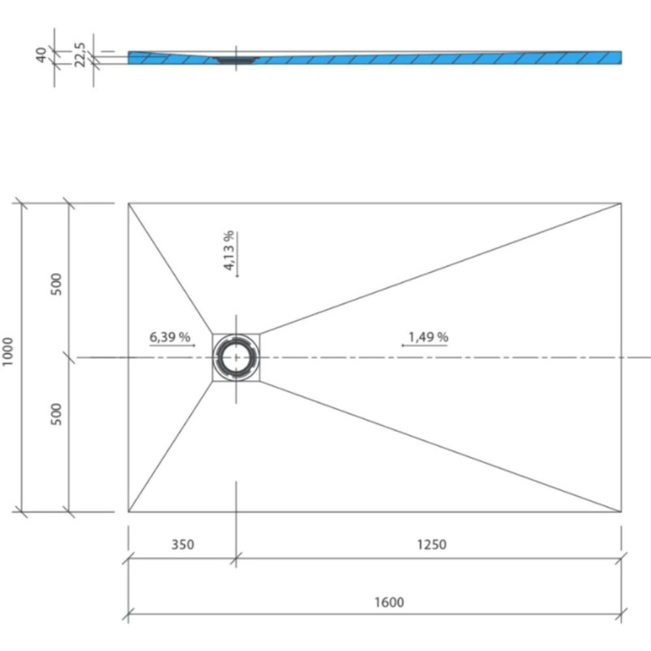 Receveur de douche à carreler 160 x 100 WEDI Fundo Primo rectangle écoulement excentré + bonde horizontale + kit d'étanchéité