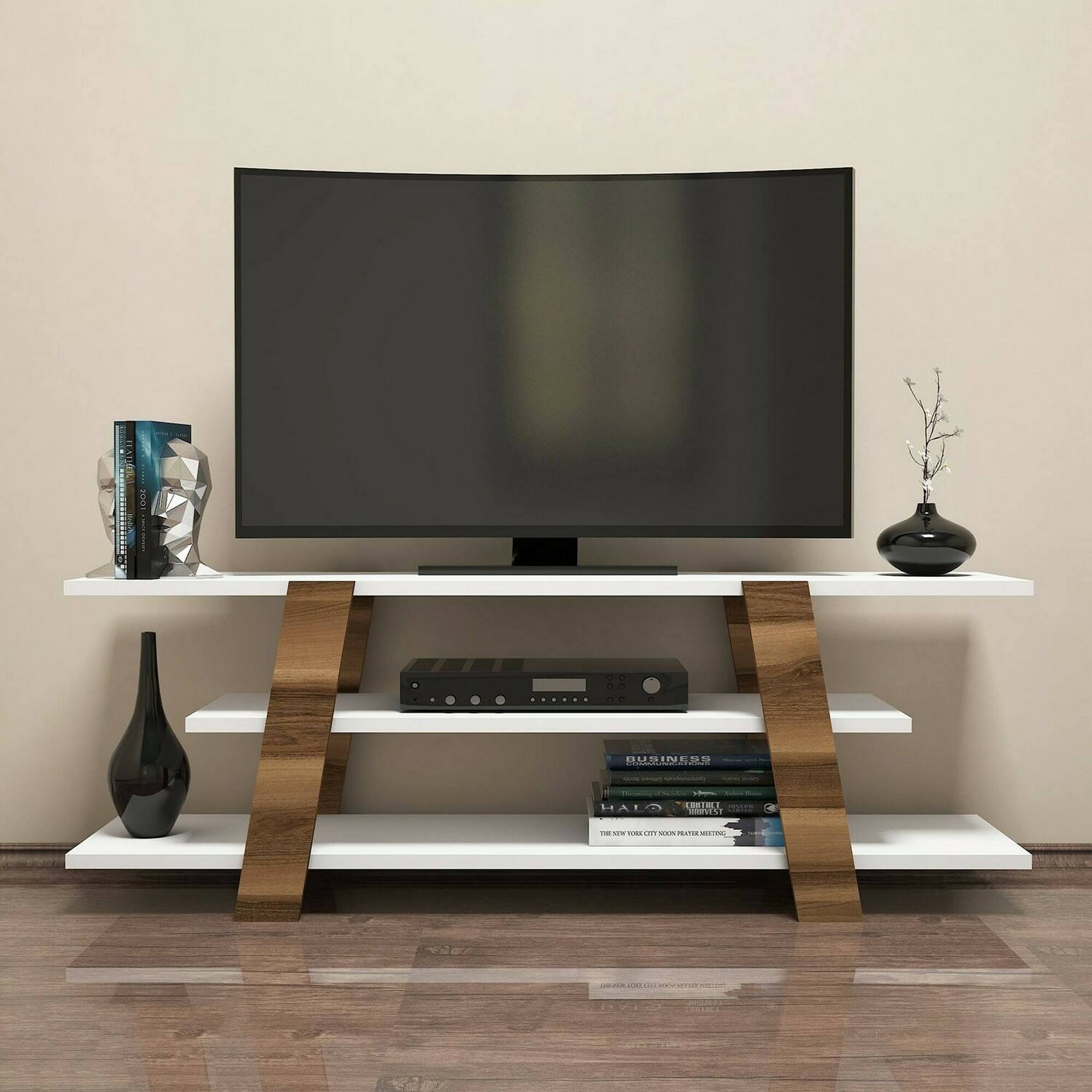 Mobile porta TV Doukhadd, Credenza da soggiorno, Armadio basso per TV, Base parete attrezzata, 120x34h42 cm, Noce e Bianco