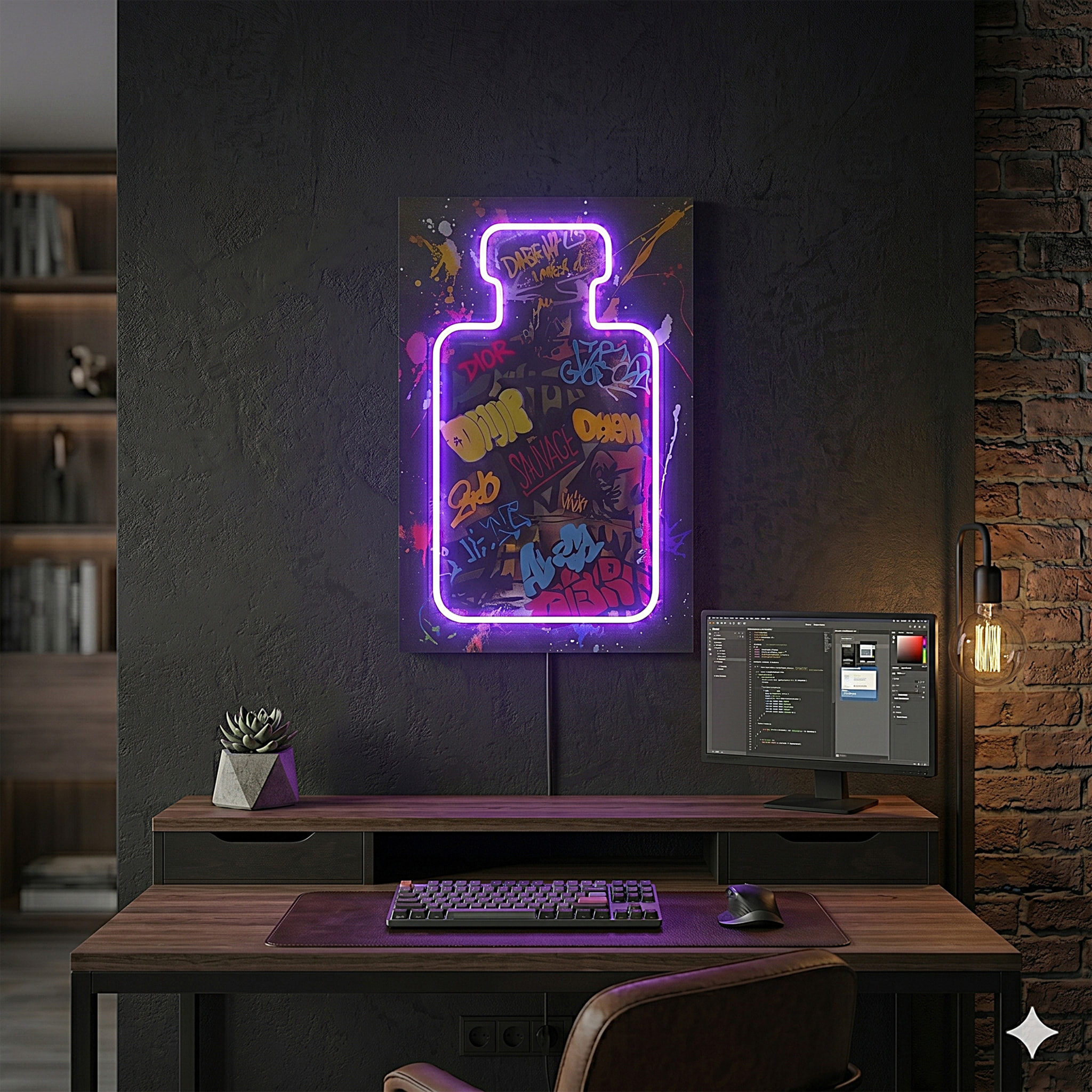 Tableau LED - HOME DECO FACTORY - Flacon - Graphique - Lumineux - Rose et blanc