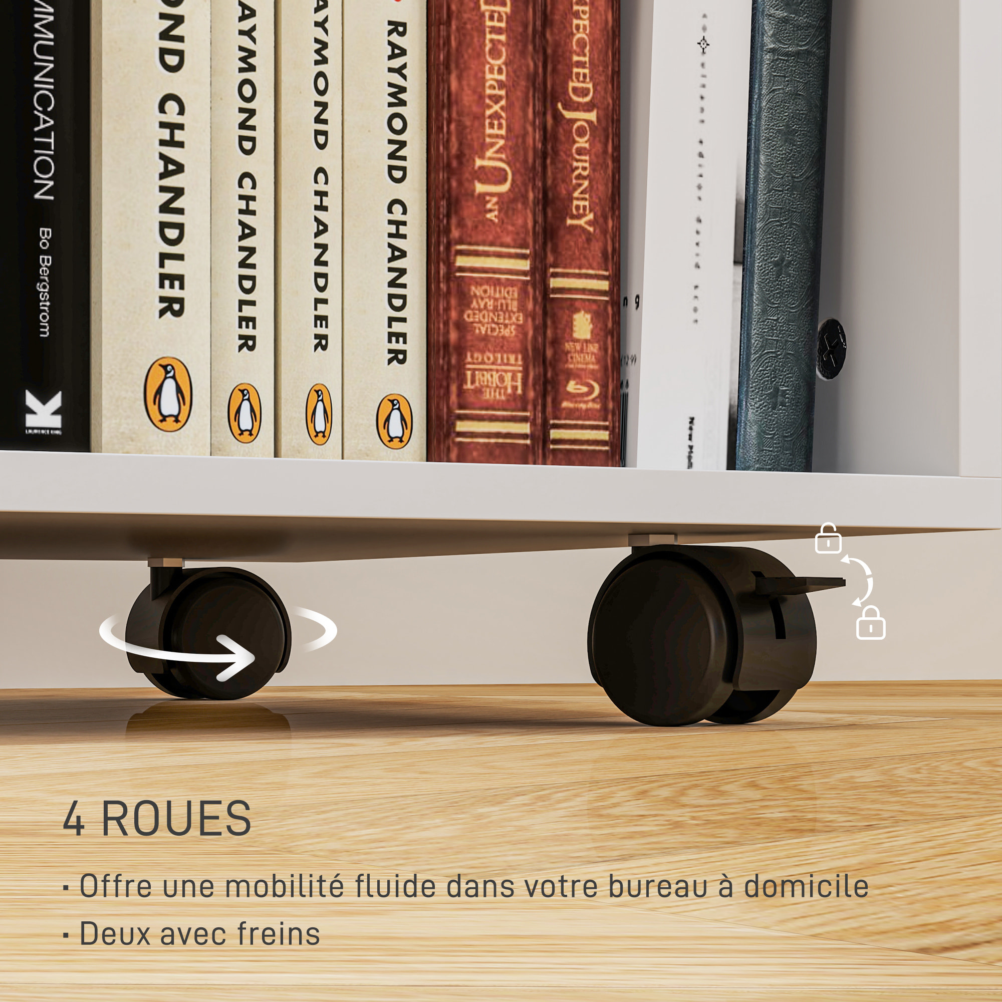 Meuble imprimante mobile - caisson de bureau - tiroir verrouillable + 2 tiroirs, 2 niches - blanc