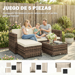 Conjunto de Jardín de Ratán de 5 Piezas, Conjunto Terraza Resistente, Muebles Jardín Exterior Incluye Cojines, 2 Sillones de Esquina, Sillón sin Brazos, Reposapiés y Mesa Centro, Caqui
