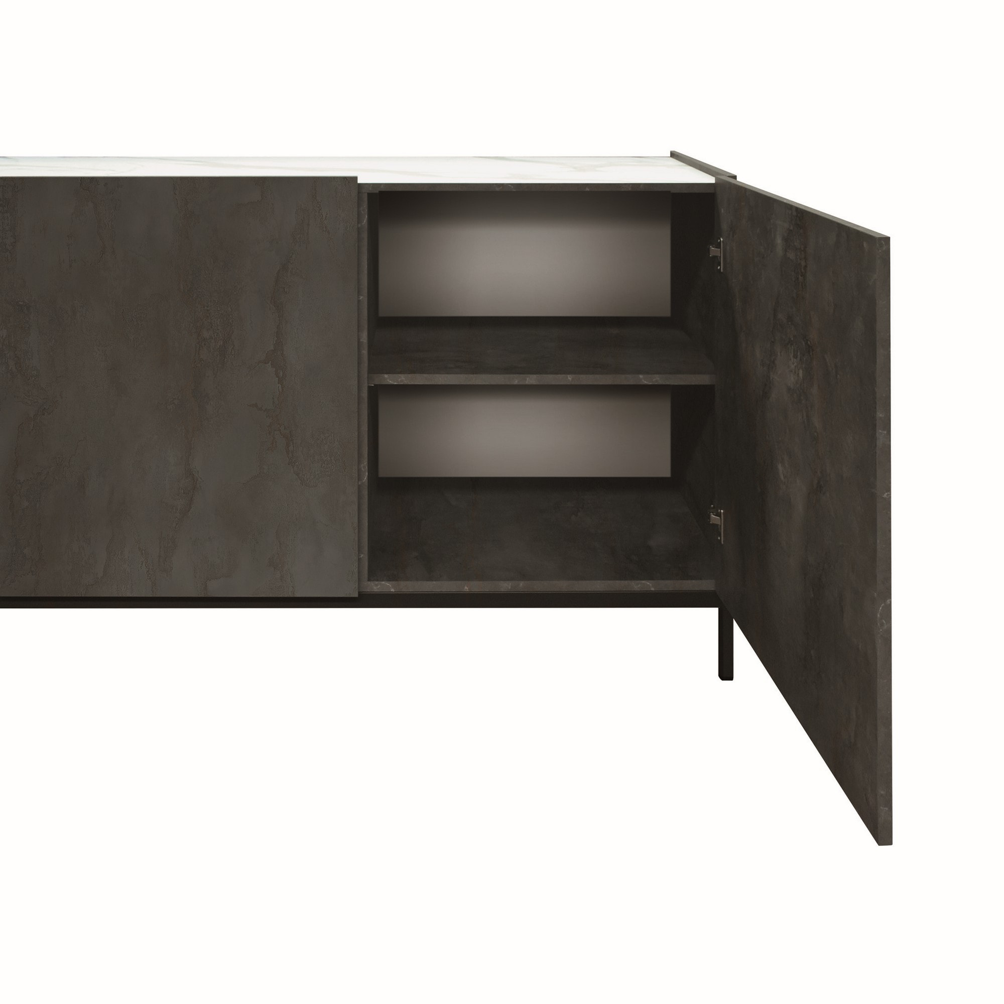 Credenza PIETRASANTA in legno, finitura in acciaio ossidato, piano effetto marmo statuario, 200x50 cm