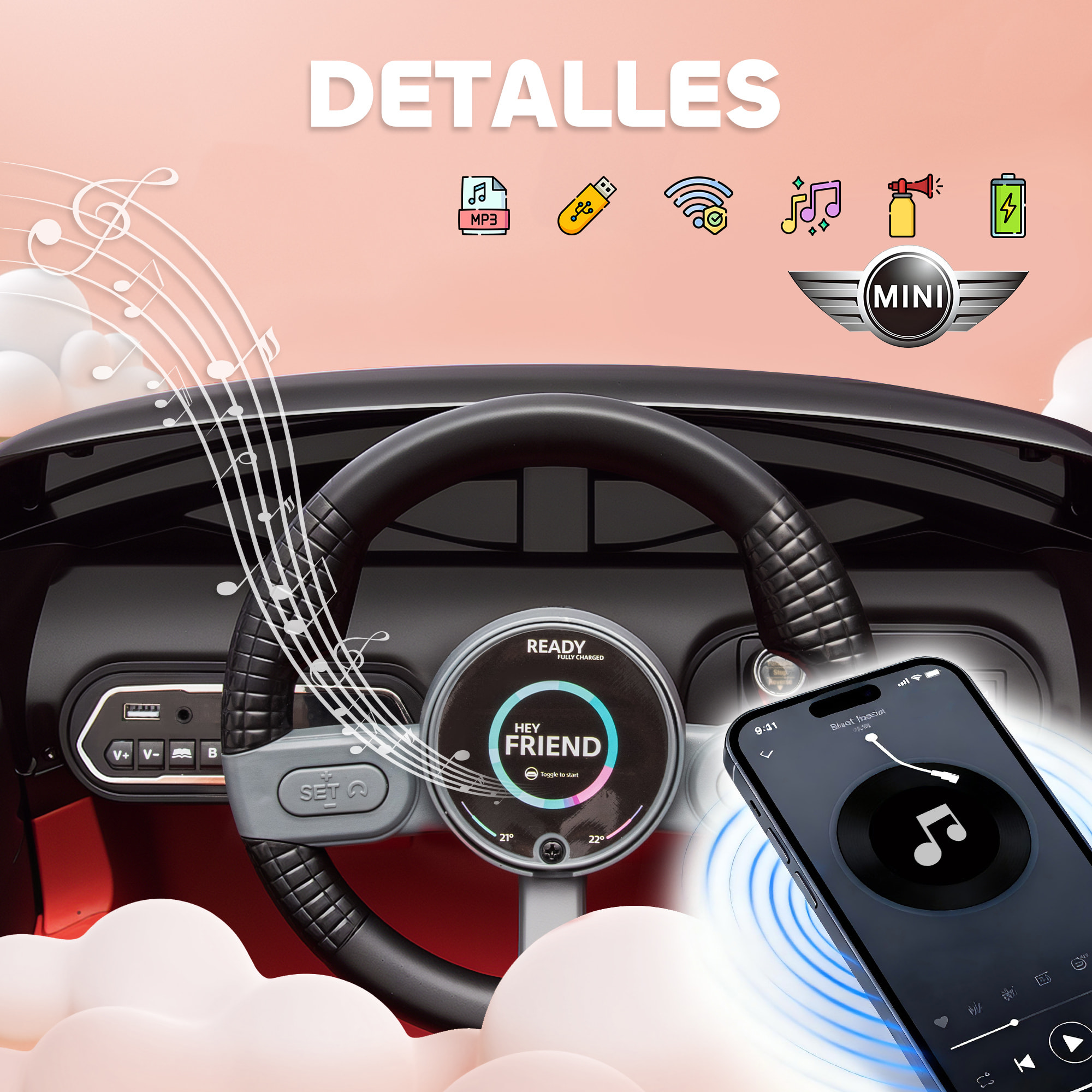 Coche Eléctrico para Niños de +3 Años, MINI Concept Aceman, Coche de Batería 12V, con Bluetooth, Mando a Distancia 2,4 G, Motor Doble, Suspensión Trasera, Faros, Música, USB, Rojo