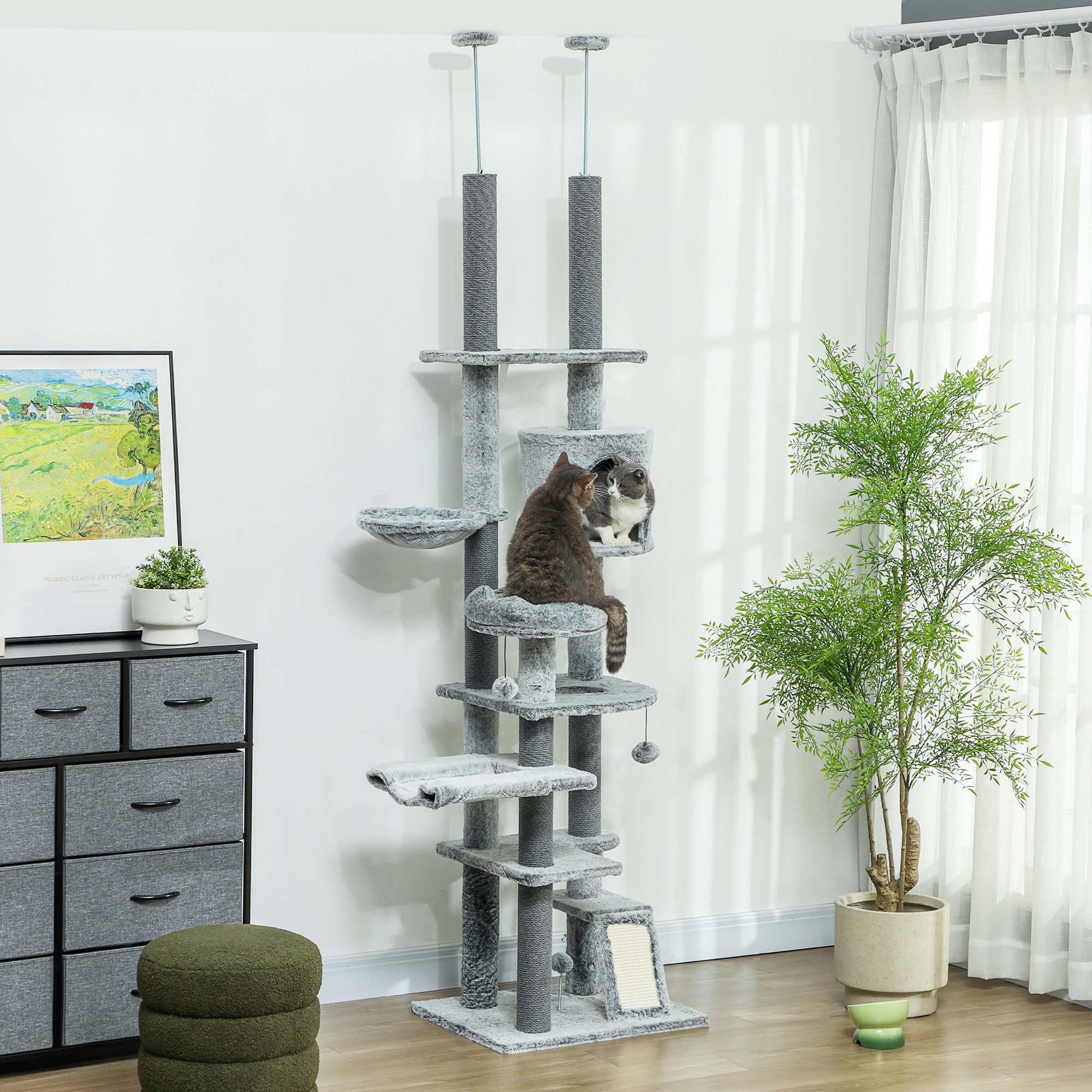 Árbol para Gatos de Suelo a Techo de 225-255 cm Árbol Rascador para Gatos con Altura Ajustable Plataformas Cueva Cama Hamaca Rampa Bolas Juguetes Gris