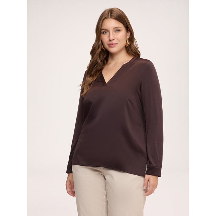 Fiorella Rubino - T-shirt bimaterica in raso e jersey - Marrone