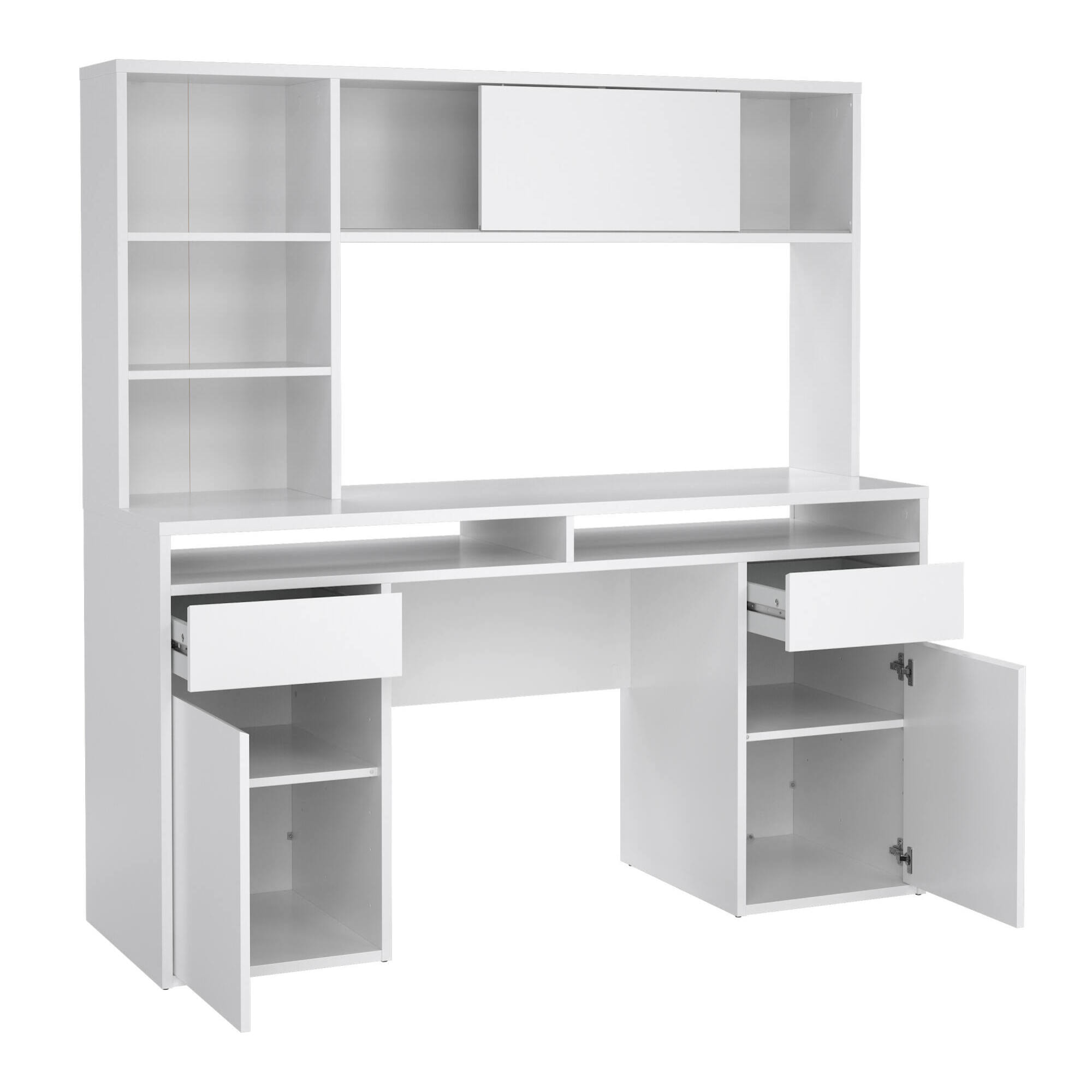 Scrivania Ambrenti, Scrittoio multiuso, Tavolo per ufficio porta PC, Piano di lavoro, 149x48 h156 cm, Bianco lucido