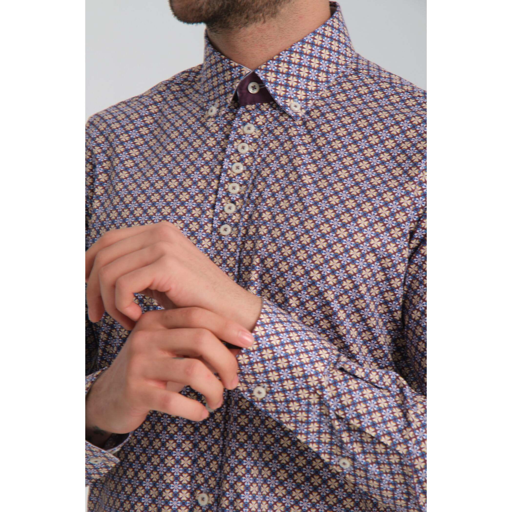 Camicia Uomo 1 Bottoni Button Down Slim Popeline Stretch Stampato Viola Melanzana/Bianco