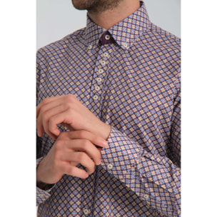 Camicia Uomo 1 Bottoni Button Down Slim Popeline Stretch Stampato Viola Melanzana/Bianco