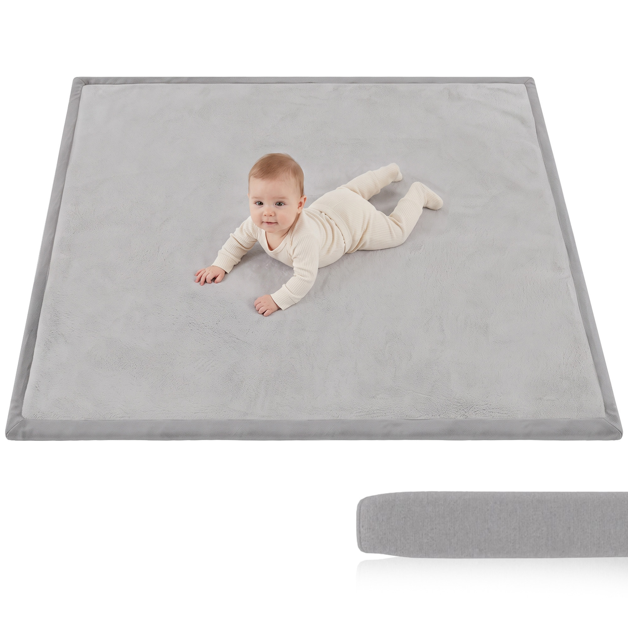 AIYAPLAY Alfombra Bebés Acolchada, 127x127 cm, Espuma de 3 cm, Colchoneta de Juegos, Franela Suave, Antideslizante, Resistente al Agua y Fácil de Limpiar, Gris Claro