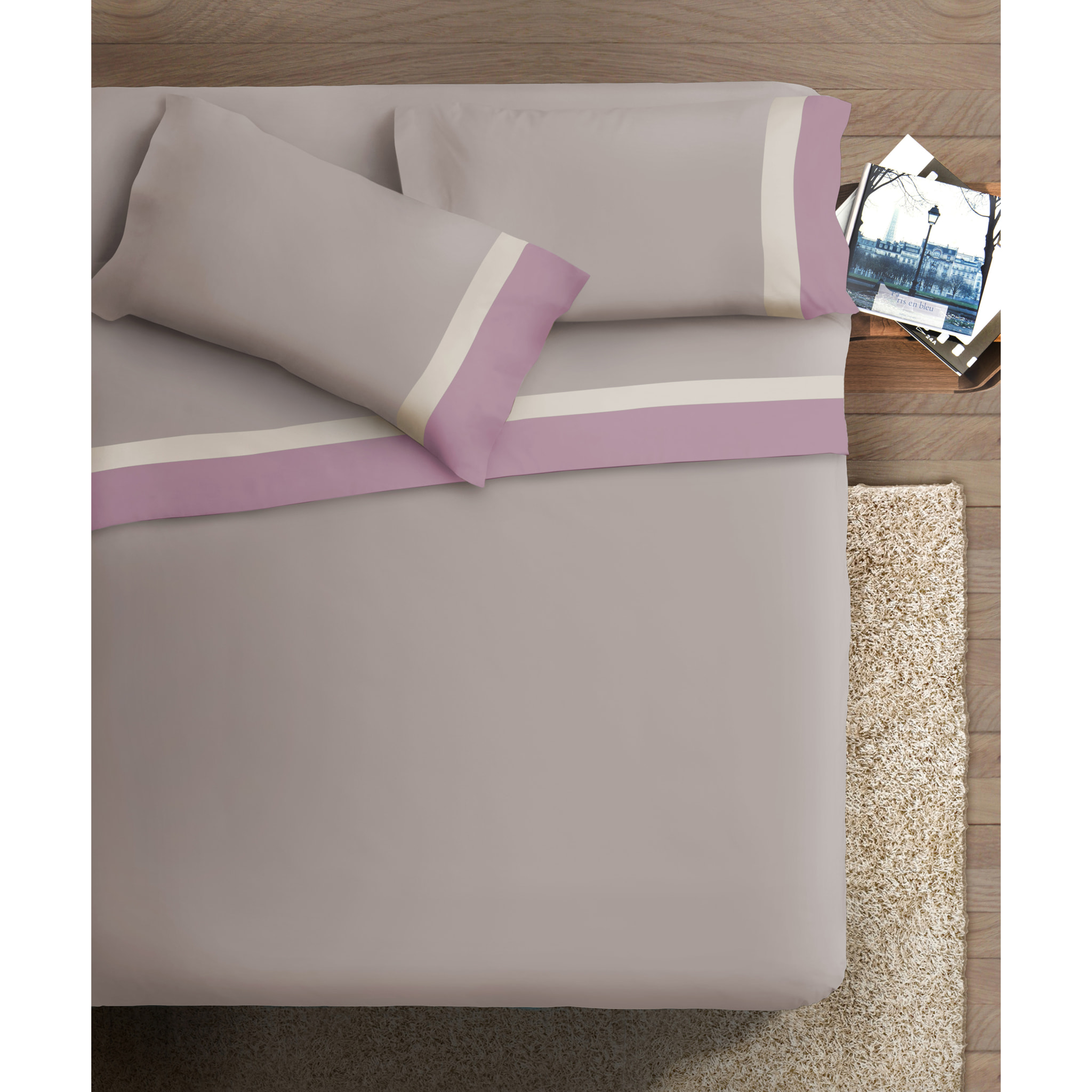 Completo letto doppia balza RASO IPERSAN Puro Cotone Malva/Panna fondo Tortora