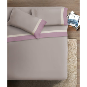 Completo letto doppia balza RASO IPERSAN Puro Cotone Malva/Panna fondo Tortora