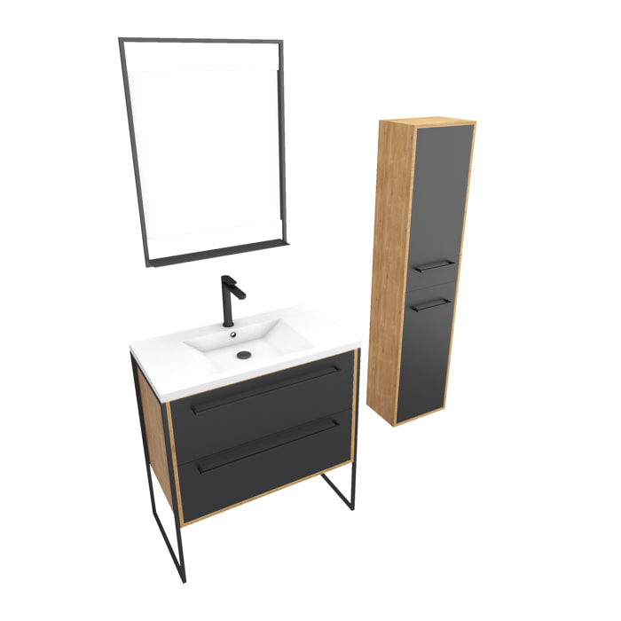 Meuble Salle de Bains 80 cm, Vasque Blanche, Miroir Led et Colonne - Chêne et Noir - STRUCTURA