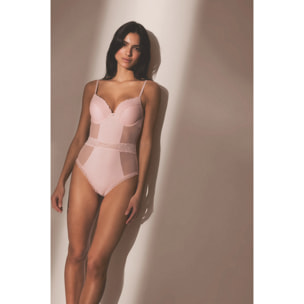 Body con ferretto imbottito in plumeti e pizzo rosa