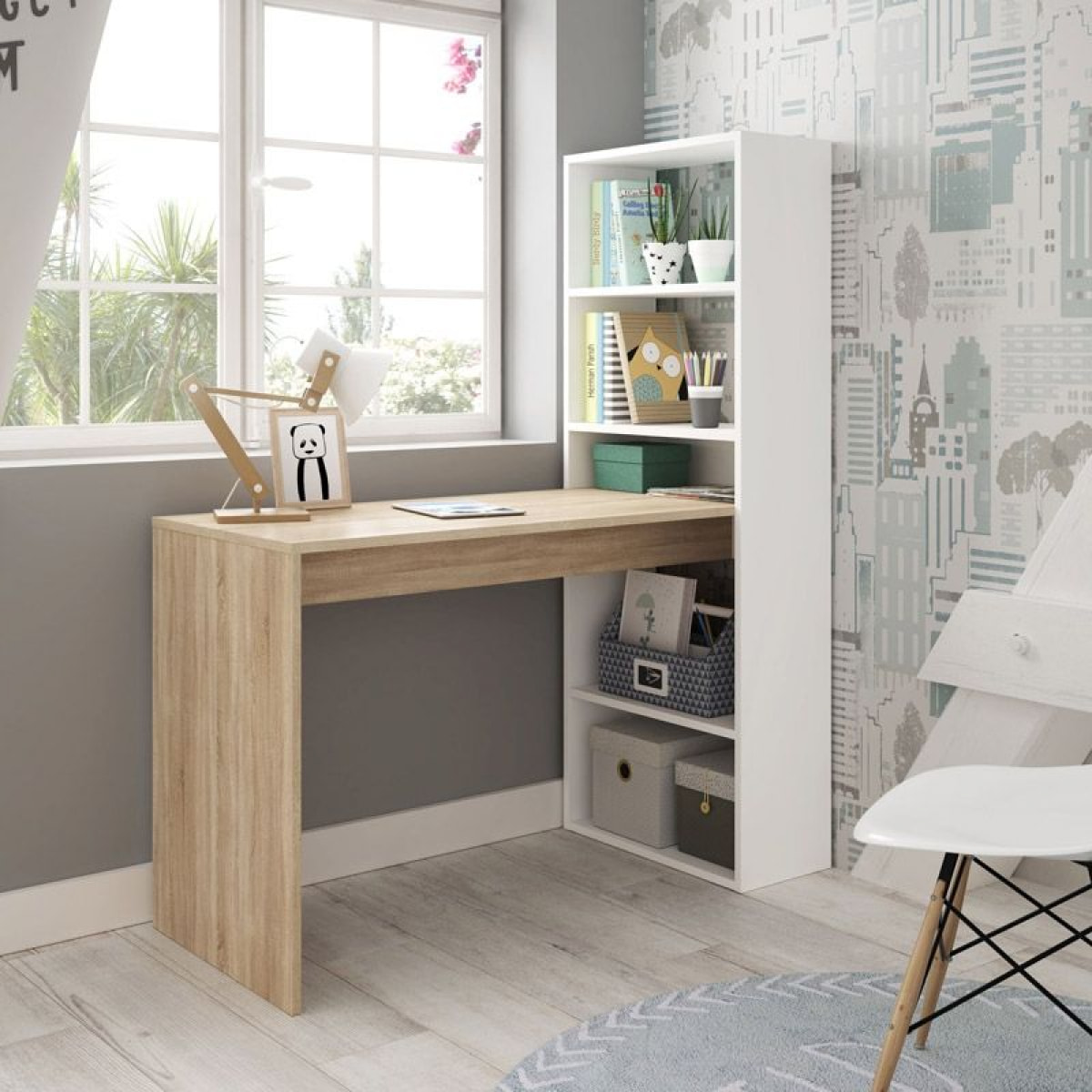 Mesa de escritorio con estantería en blanco artik y roble canadian 120x50 cm Duplo Blanco Artik (Blanco Mate) - Roble Canadian