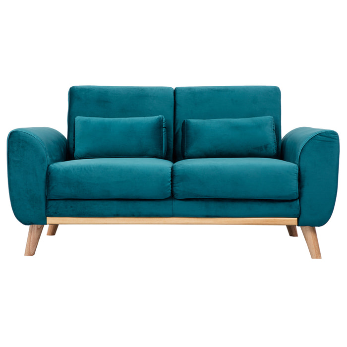 Canapé scandinave 2 places en tissu velours bleu pétrole et bois clair EKTOR