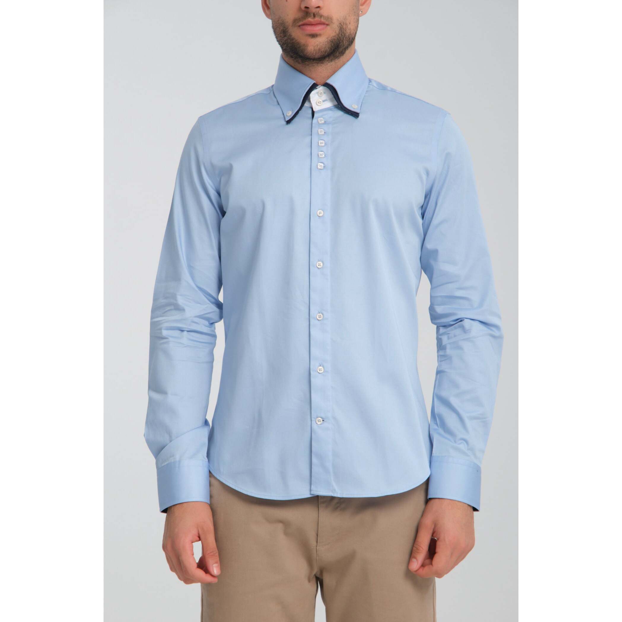 Camicia Uomo 2 Bottoni Button Down 7bottoni Doppio Coll Satin Unito Celeste