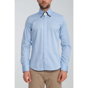 Camicia Uomo 2 Bottoni Button Down 7bottoni Doppio Coll Satin Unito Celeste