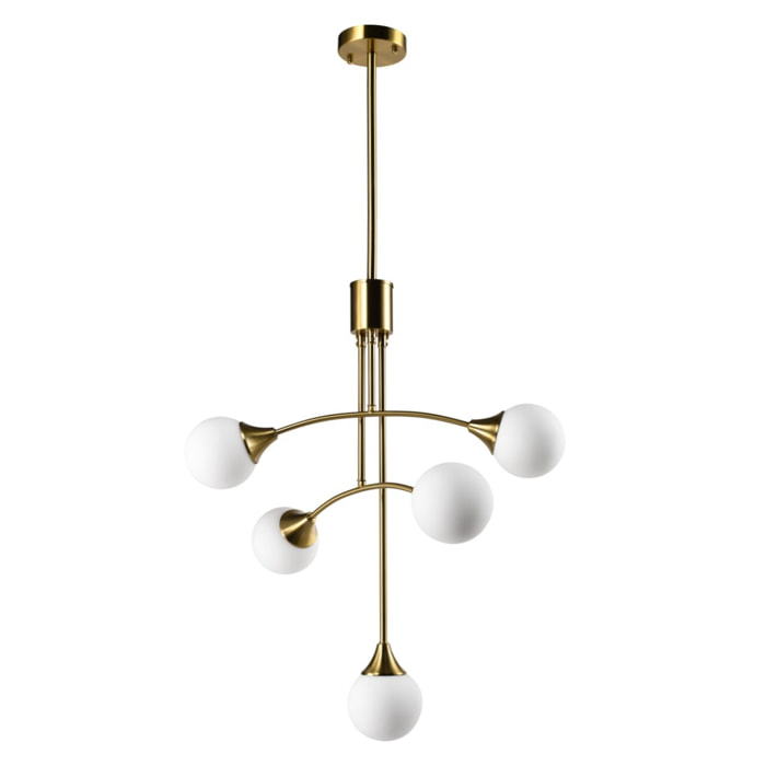 Lustre Tomasucci VENICE, verre blanc opale et acier finition laiton vieilli mat, 5 lumières, Ø 60 cm