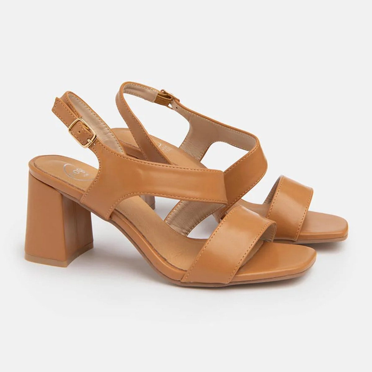 Sandalo con fasce a sbieco e tacco ampio - CAMELLO