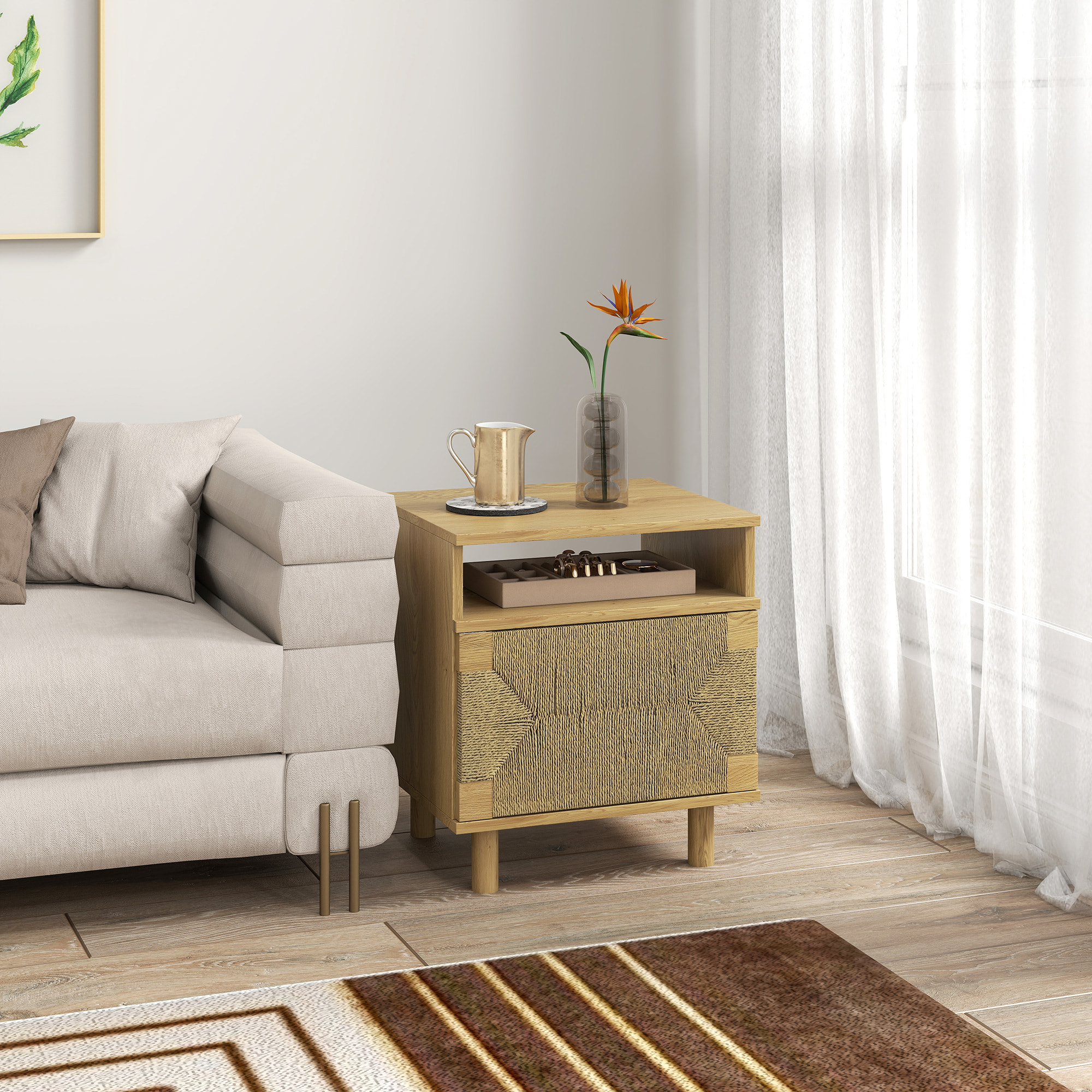 Mesita de Noche Bohemio con Puerta de Cuerda de Papel, Mesilla de Noche con Estante Abierto, Patas de Madera y Apertura por Presión, Mesa Auxiliar para Dormitorio, Salón, 45x39x50 cm, Roble